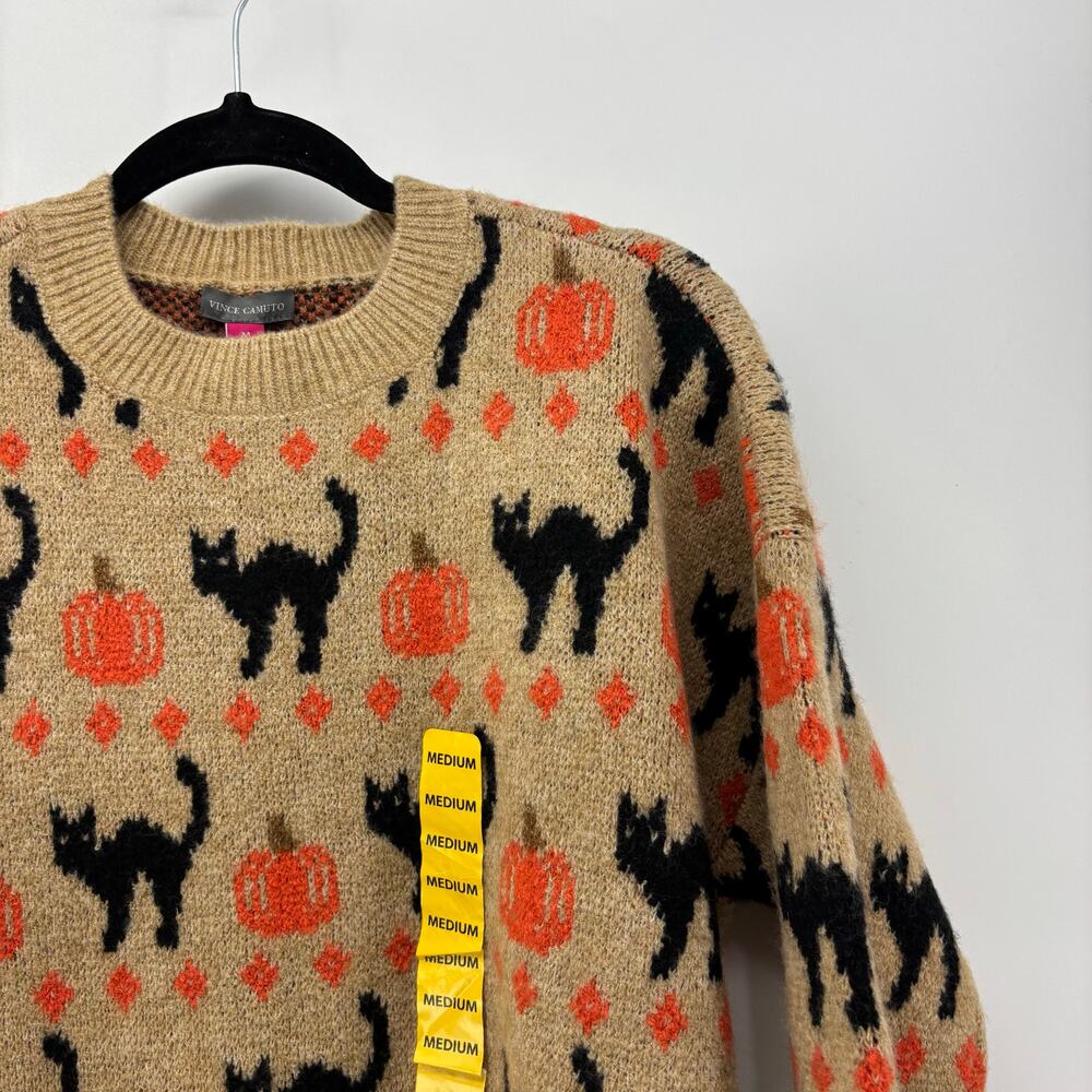 Vince Camuto Medium Womens Sweater Black Cat Pumpkin Halloween Crewneck Fall - Picture 8 of 13